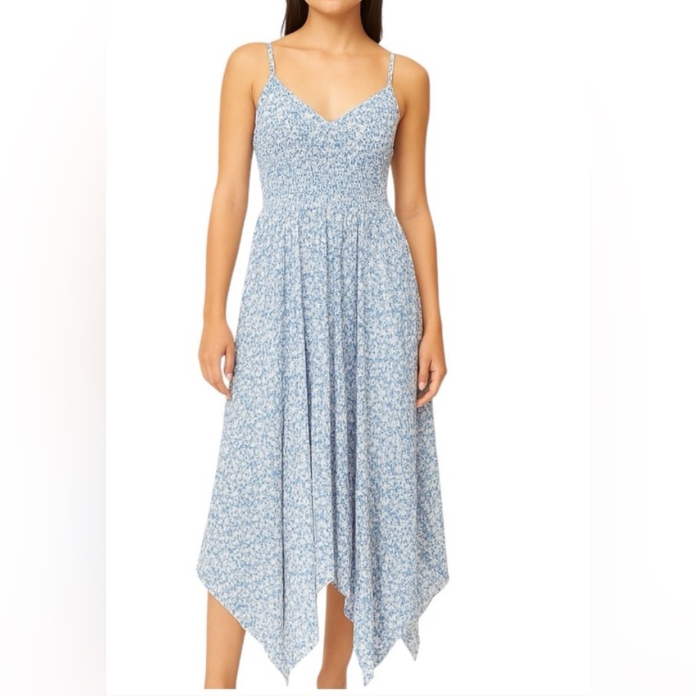 BLU PEPPER Blue Floral Handkerchief Hem Midi Dress | Smocked Bodice | Size Small